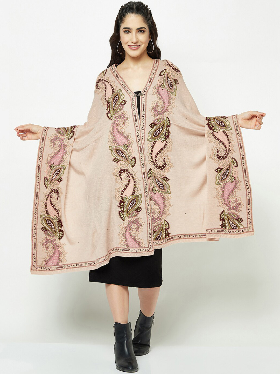 

Knitstudio Ethnic Motifs Self Design Longline Acrylic Shrug, Rose