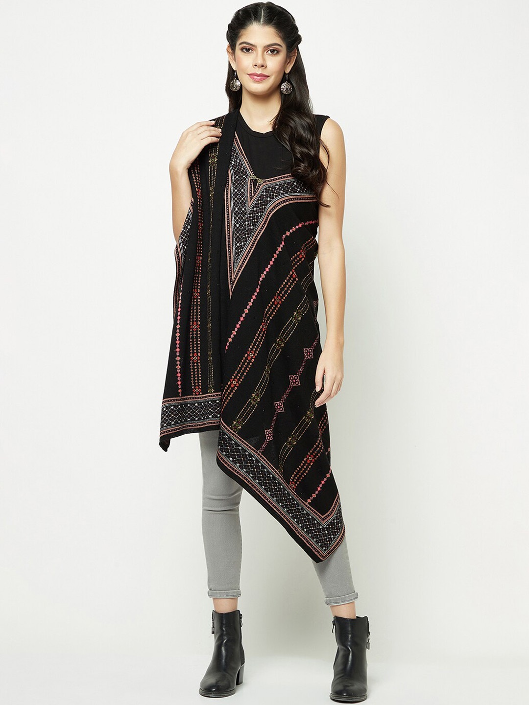 

Knitstudio Geometric Self Design Woollen Longline Poncho, Black