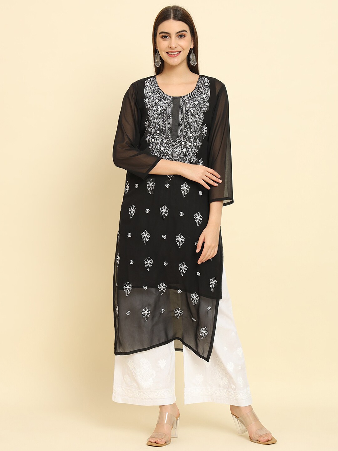 

Rudraaksha Creations Ethnic Motifs Embroidered Chikankari Georgette Kurta, Black