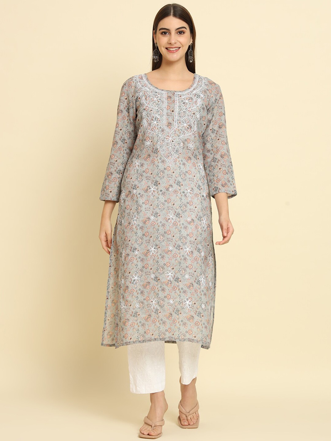 

Rudraaksha Creations Floral Printed Chikankari Straight Cotton Kurta, Grey