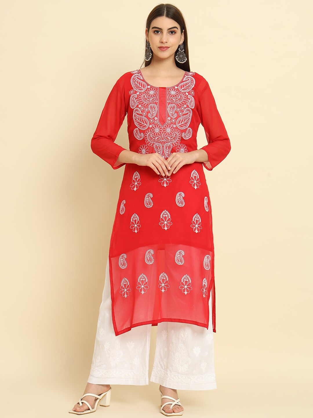 

Rudraaksha Creations Ethnic Motifs Embroidered Chikankari Kurta, Red