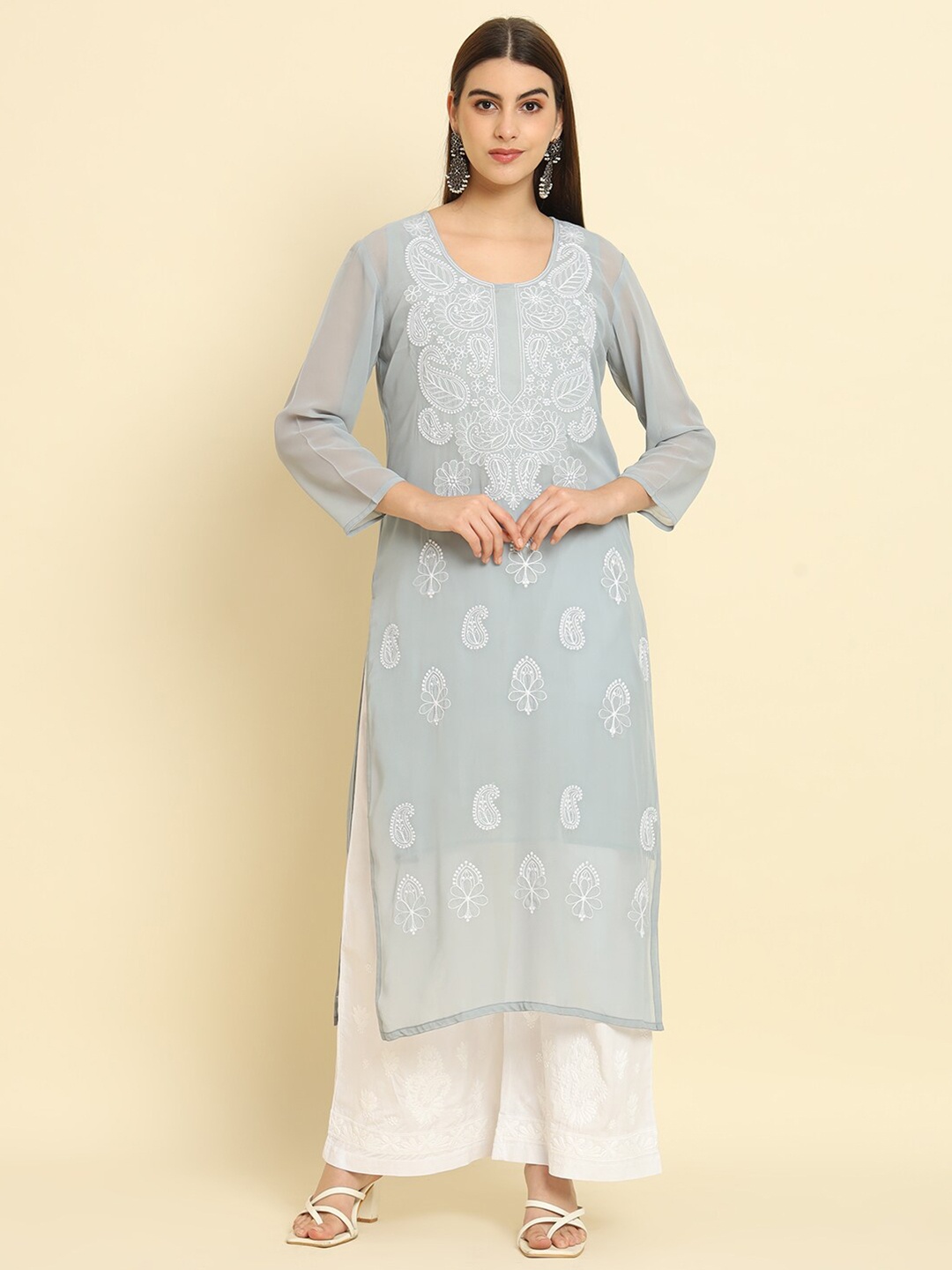 

Rudraaksha Creations Paisley Embroidered Chikankari Detailed Straight Kurta, Grey