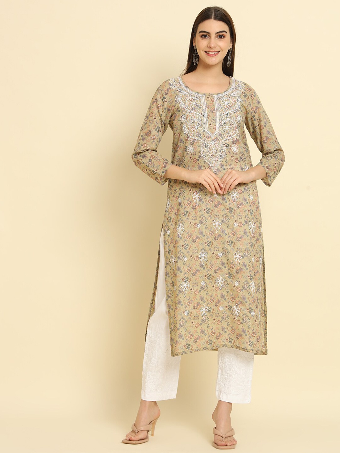 

Rudraaksha Creations Floral Printed Chikankari Detailed Pure Cotton Straight Kurta, Beige