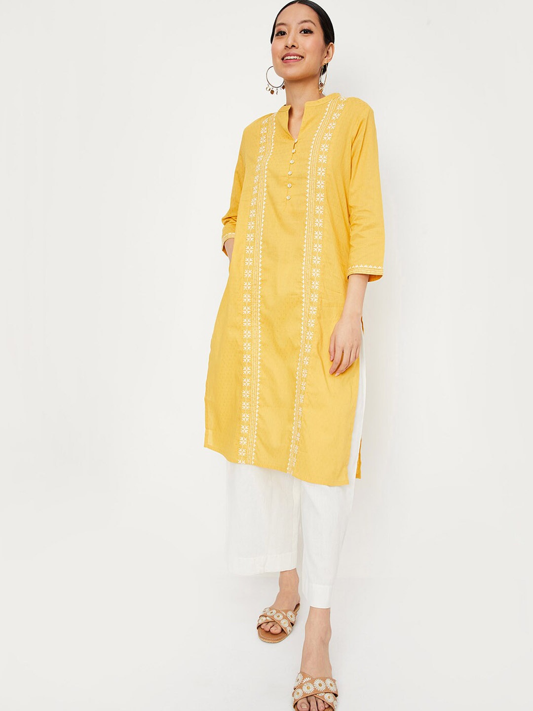 

max Ethnic Motifs Embroidered Straight Kurta, Yellow