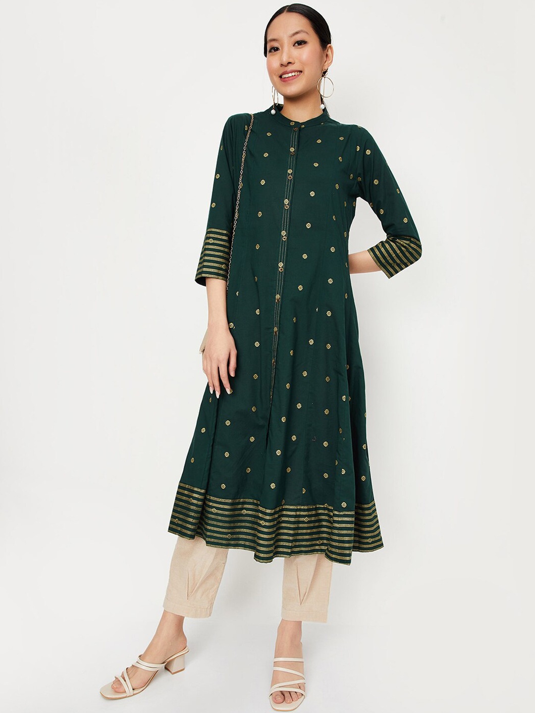 

max Ethnic Motifs Printed Mandarin Collar A-Line Cambric Cotton Kurta, Green