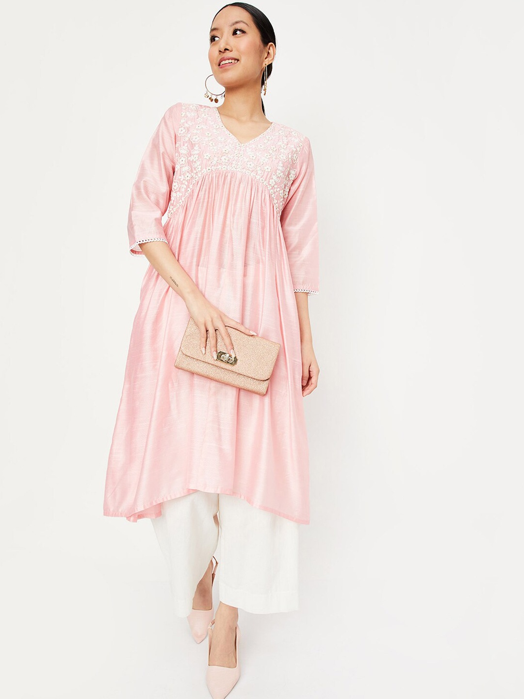 

max Floral Embroidered V-Neck Anarkali Kurta, Pink