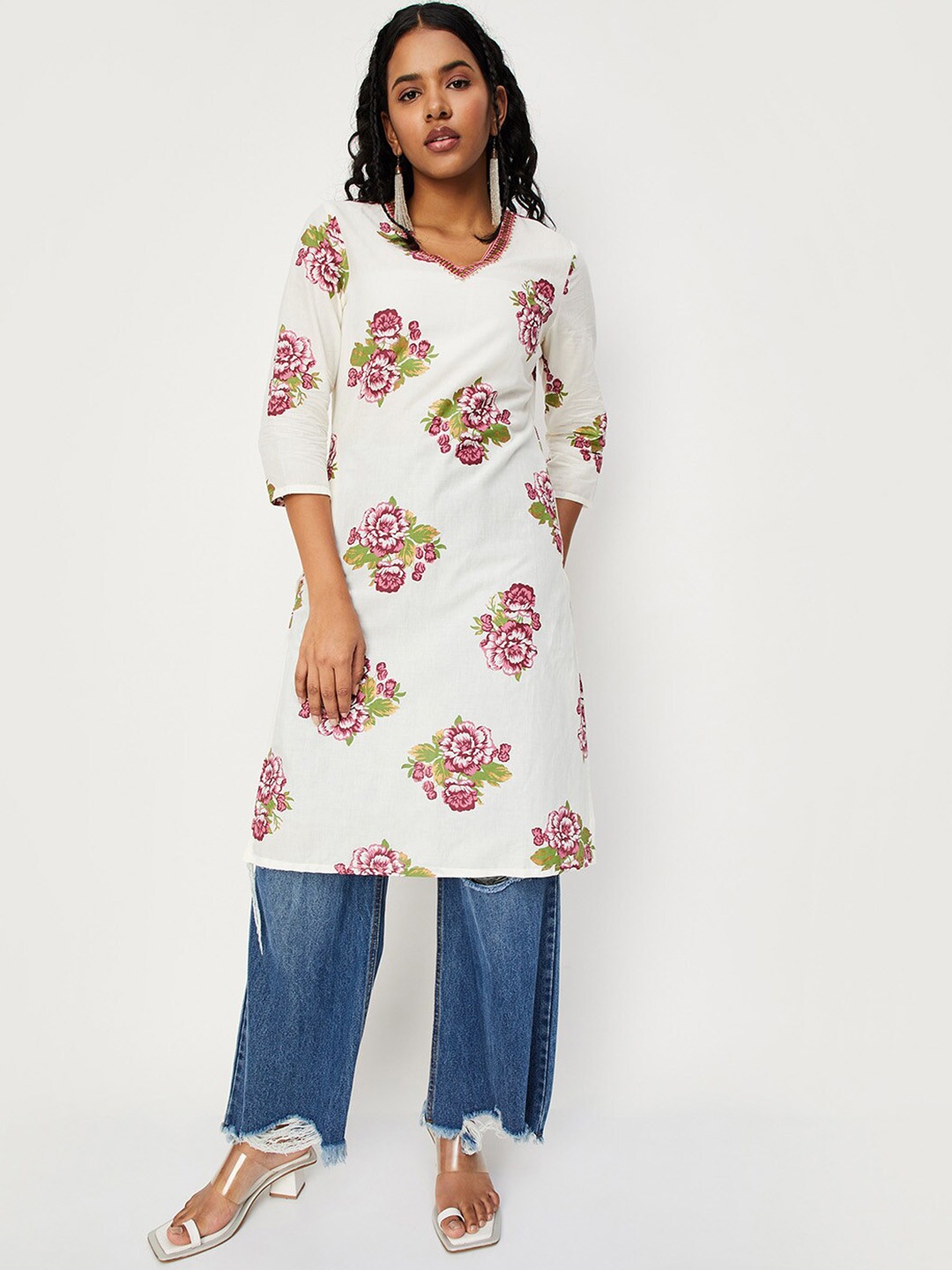 

max Floral Printed Straight Kurta, Off white