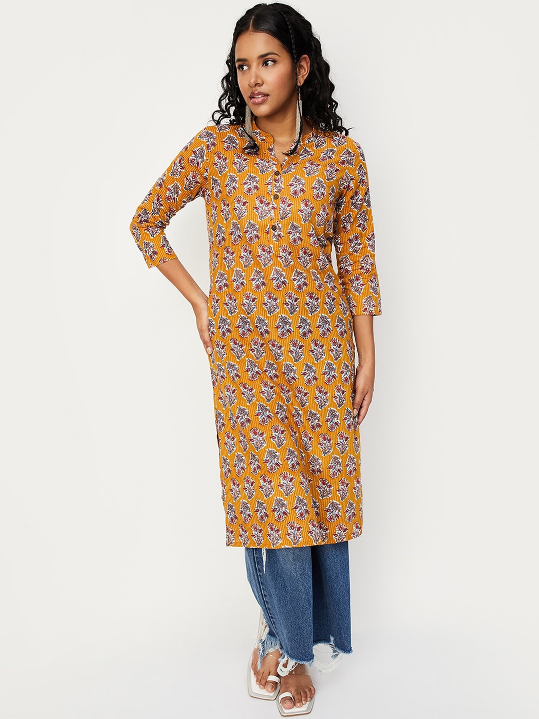 

max Ethnic Motifs Printed Mandarin Collar Straight Kurta, Yellow