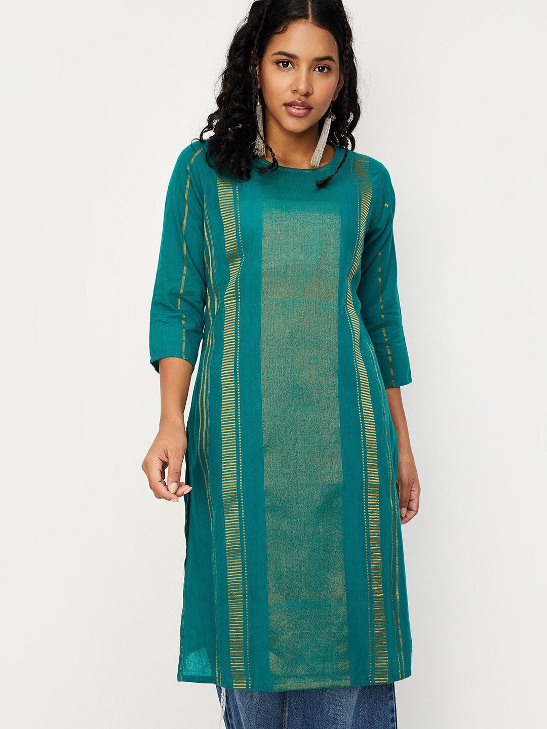 

max Striped Zari Straight Kurta, Green