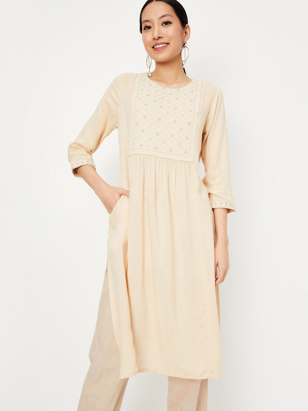 

max Floral Embroidered A-Line Kurta, Beige