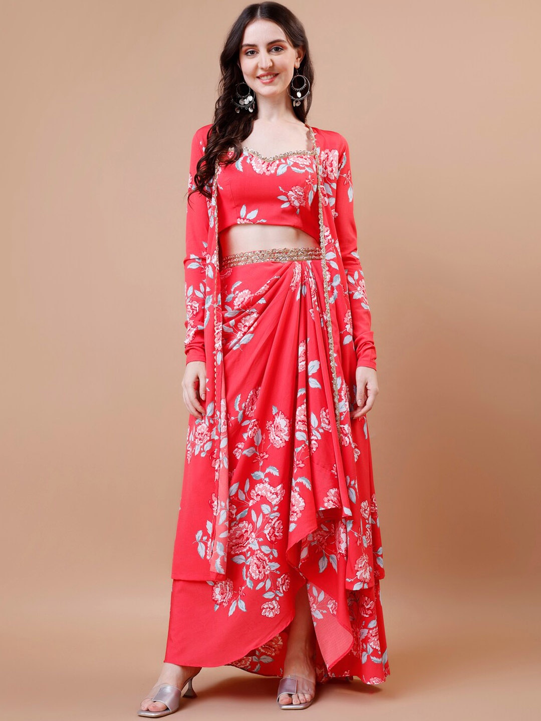 

TWAM SUNDARA Floral Printed Crop Top, Skirt & Jacket Ethnic Co-Ords, Peach