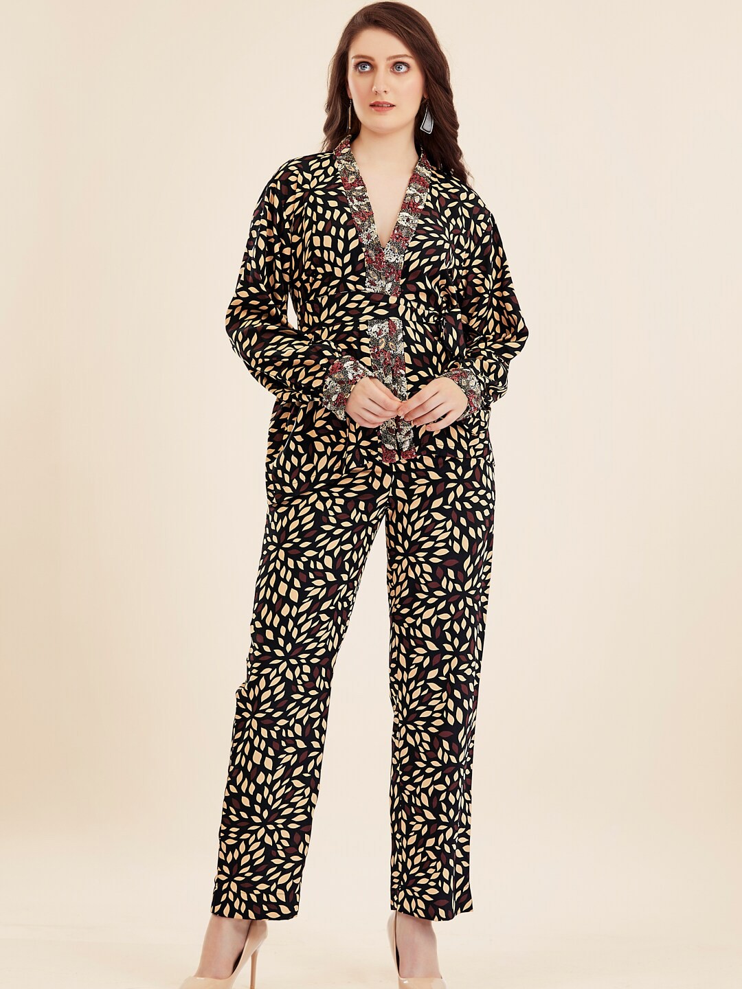 

TWAM SUNDARA Embroidered V-Neck Top With Trousers Co-Ords, Brown