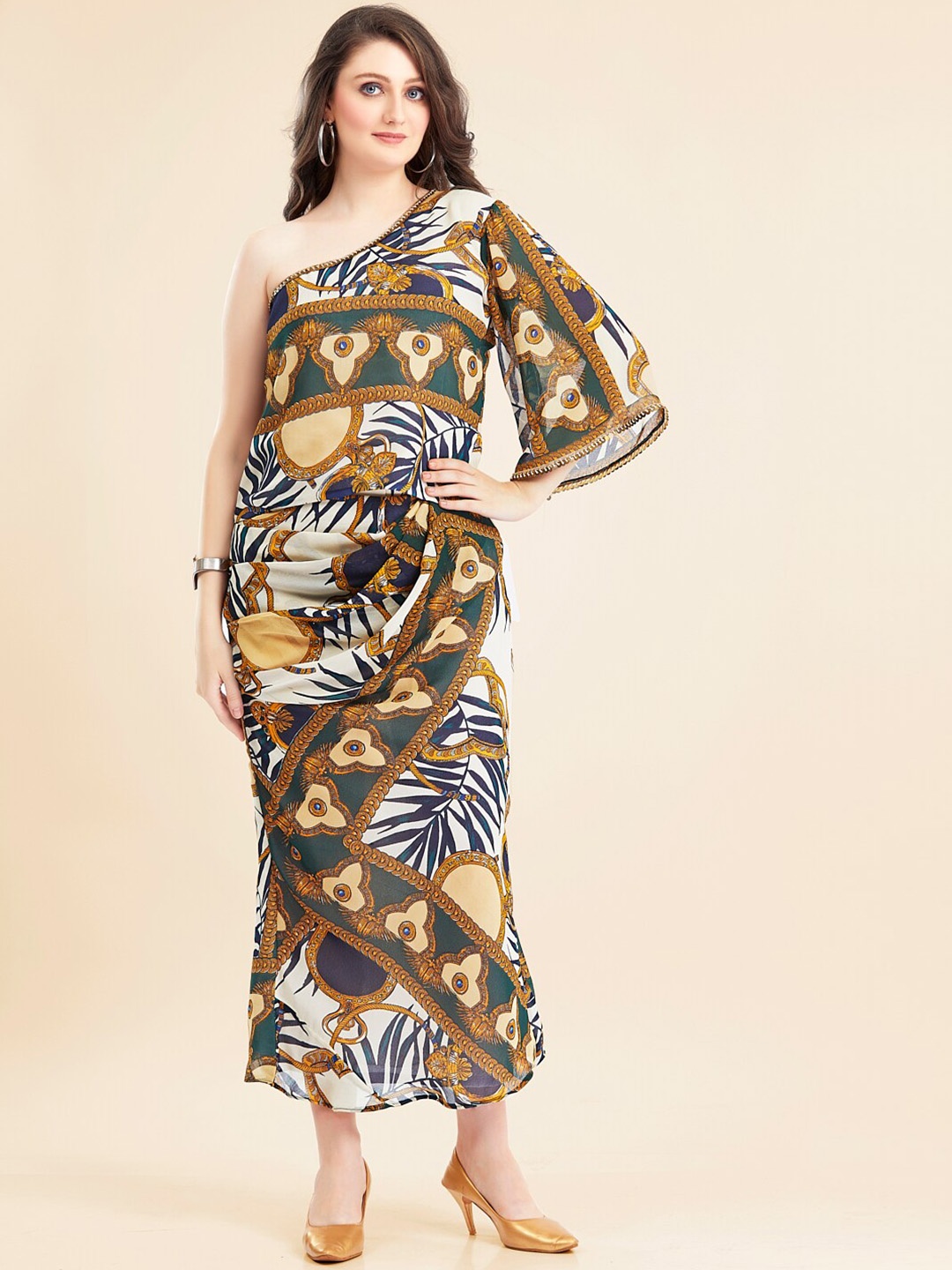 

TWAM SUNDARA Abstract Printed One Shoulder Top With Draped Skirt, White