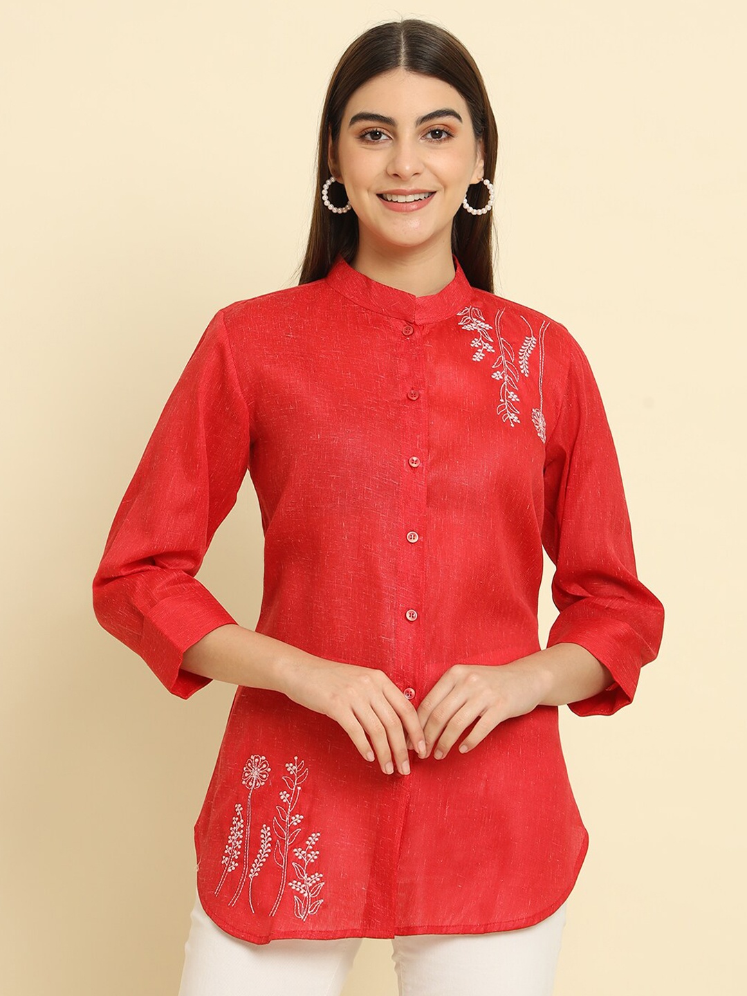 

Rudraaksha Creations Floral Embroidered Mandarin Collar Cotton Tunic, Red