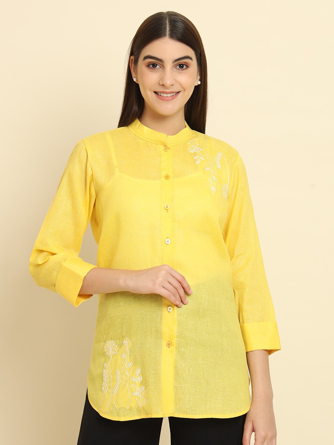 

Rudraaksha Creations Floral Embroidered Mandarin Collar Cotton Tunic, Yellow