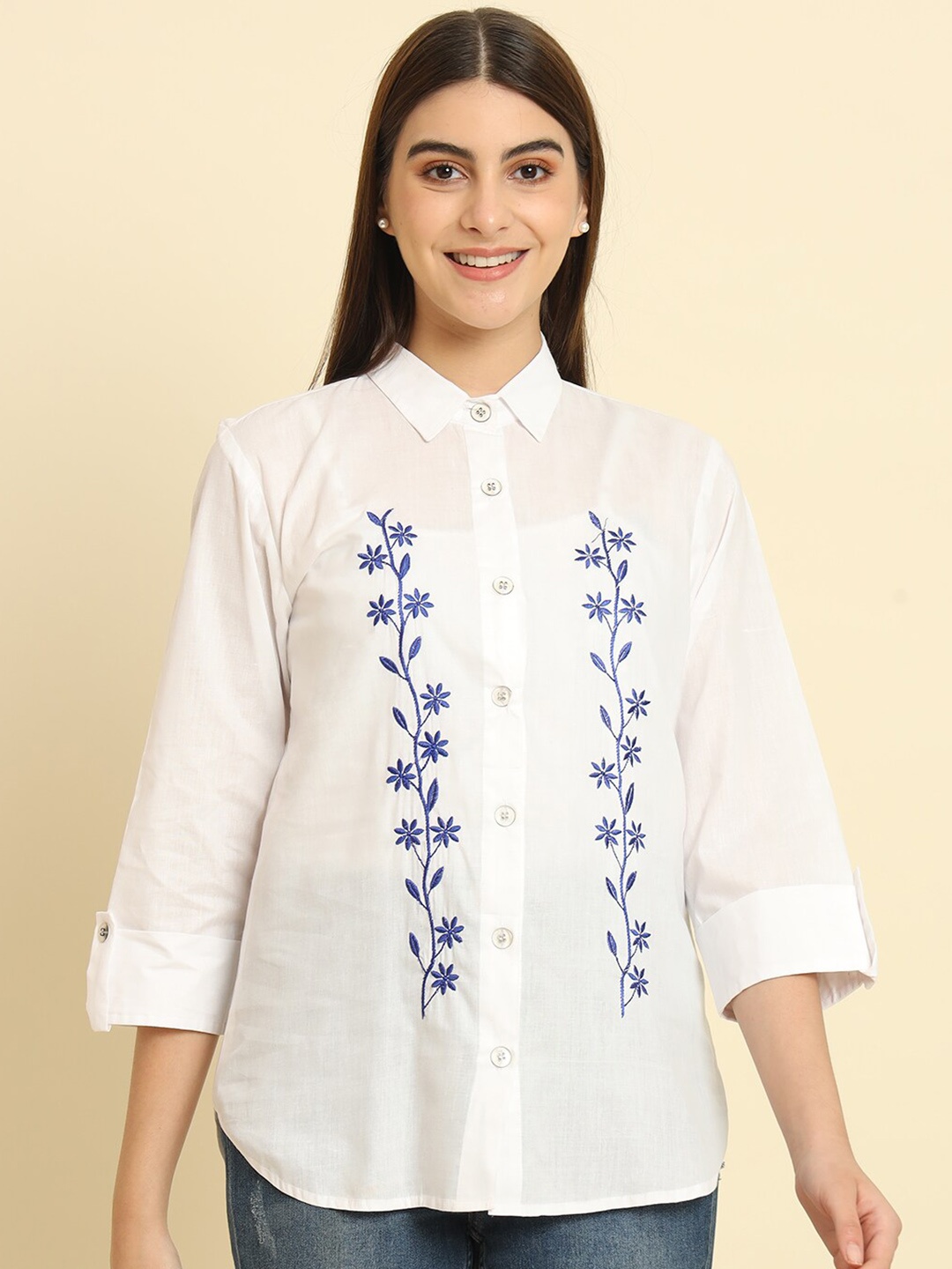 

Rudraaksha Creations Floral Embroidered Shirt Collar Cotton Tunic, White