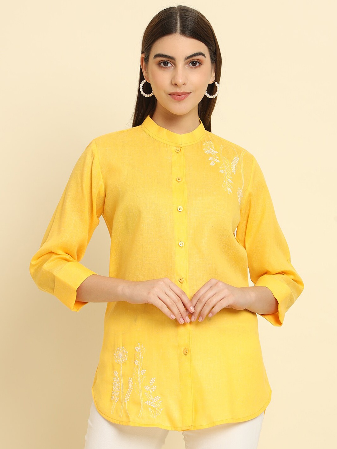 

Rudraaksha Creations Floral Embroidered Mandarin Collar Cotton Tunic, Yellow