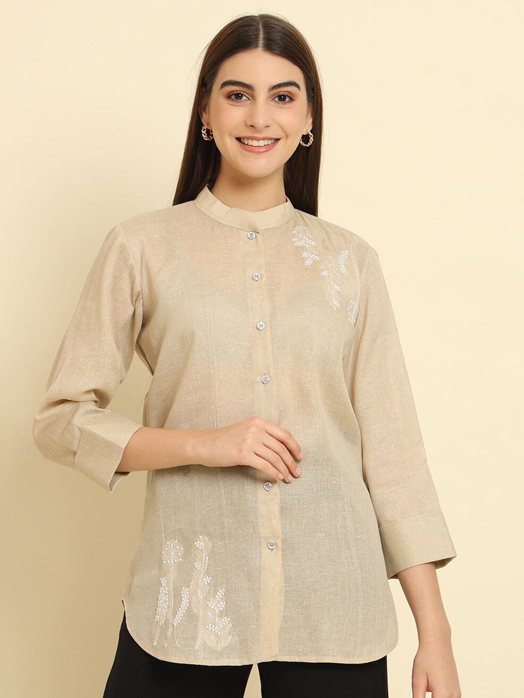 

Rudraaksha Creations Floral Embroidered Mandarin Collar Cotton Tunic, Beige