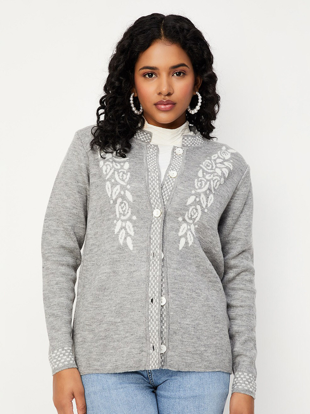

max Floral Self Design Long Sleeves Acrylic Cardigan Sweater, Grey