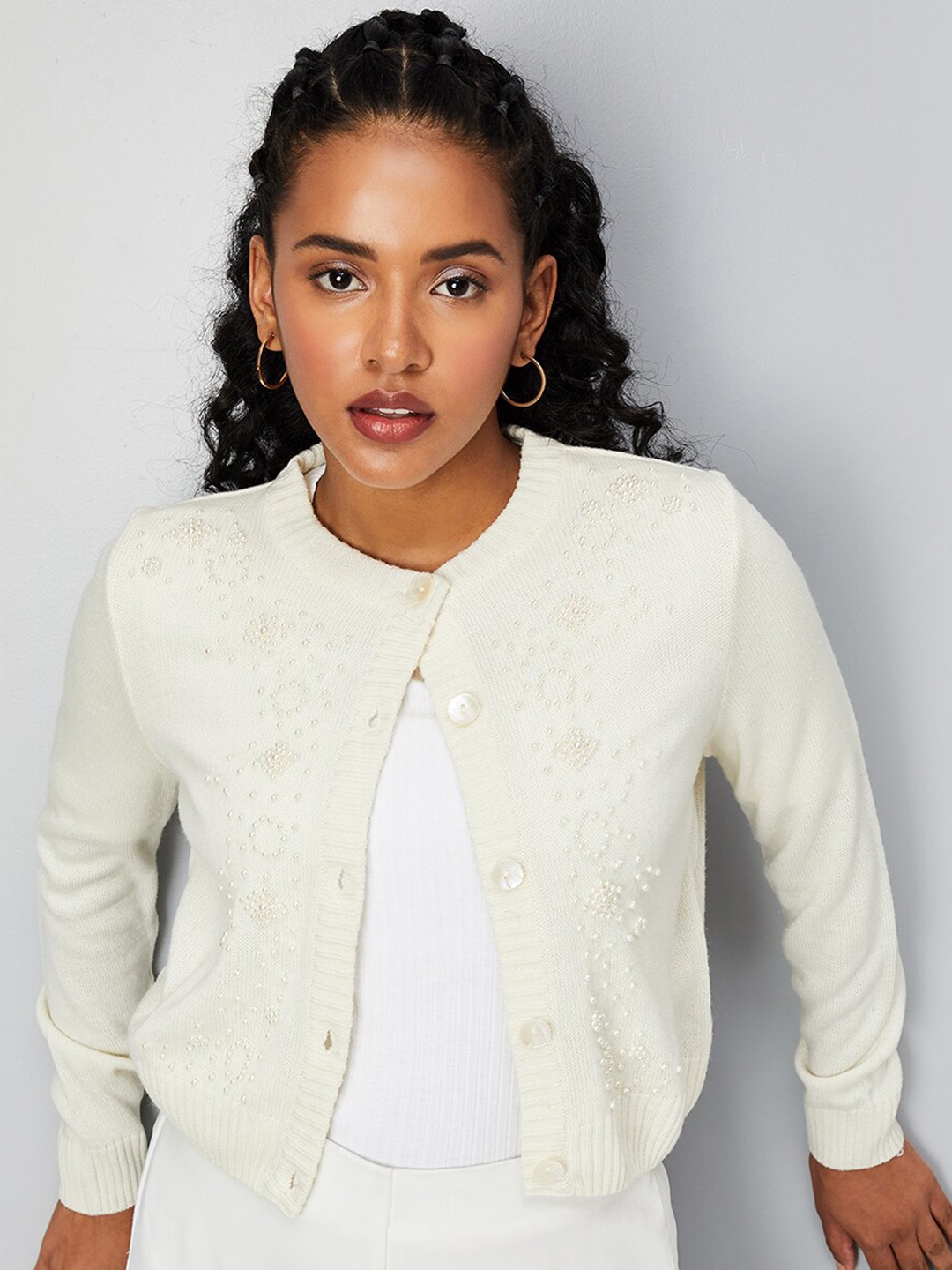 

max Embellished Acrylic Crop Cardigan, Off white
