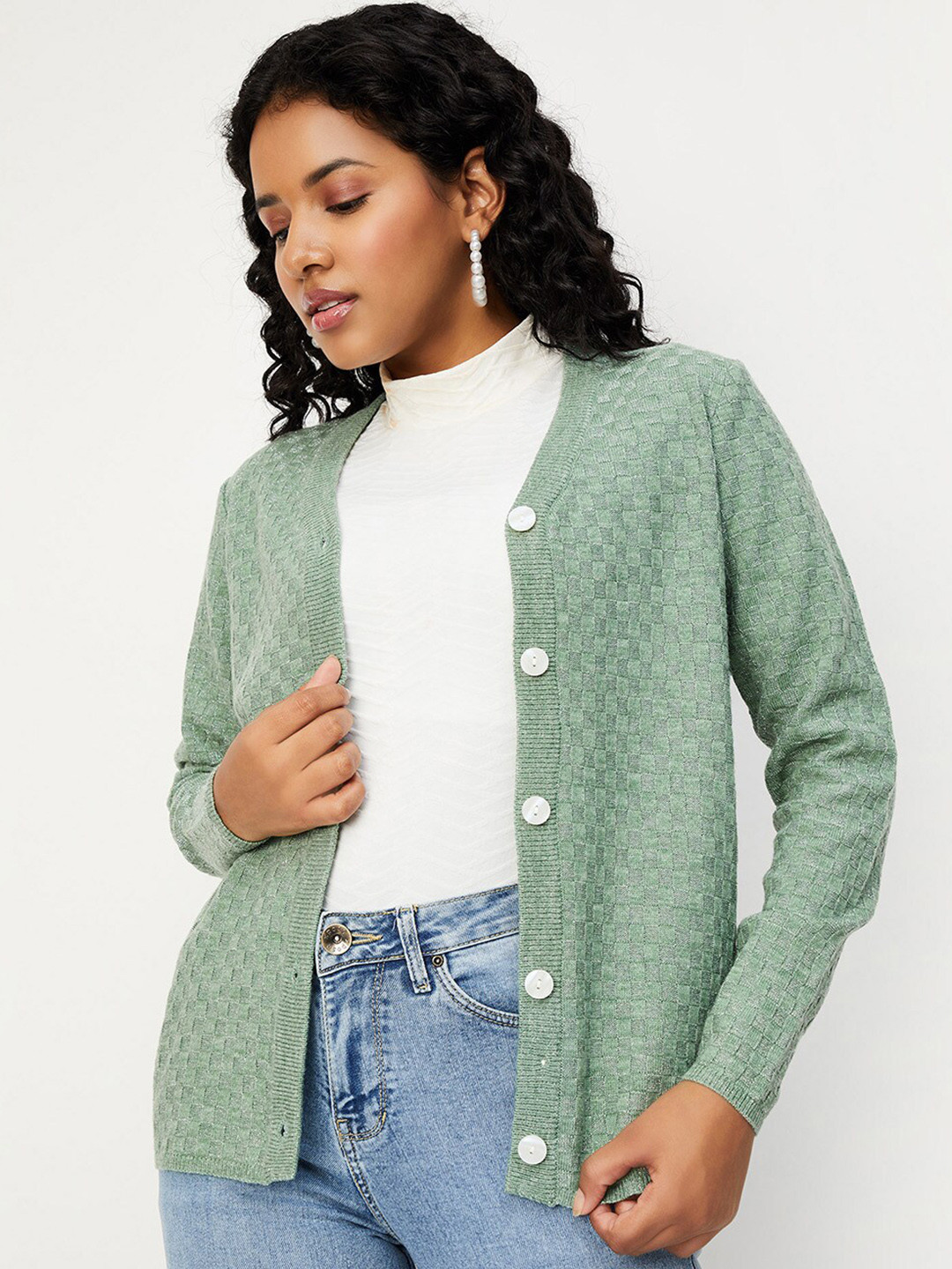 

max Geometric Self Design V-Neck Long Sleeves Acrylic Cardigan Sweater, Green