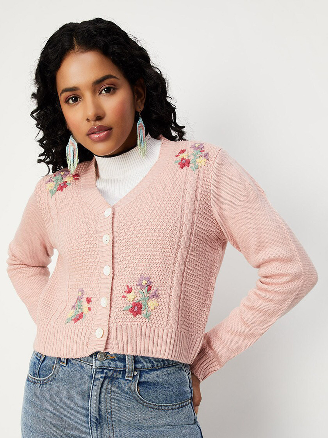 

max Floral Self Design Acrylic Crop Cardigan, Pink