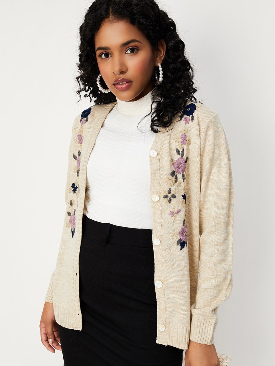 

max Embroidered V-Neck Cardigan Sweater, Off white