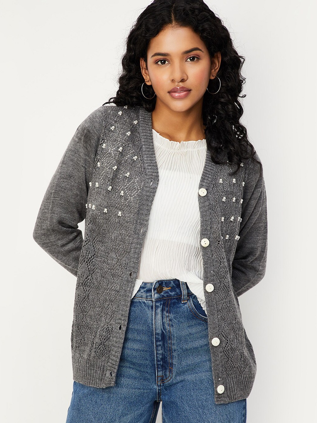 

max Embroidered V-Neck Long Sleeves Acrylic Cardigan Sweater, Grey