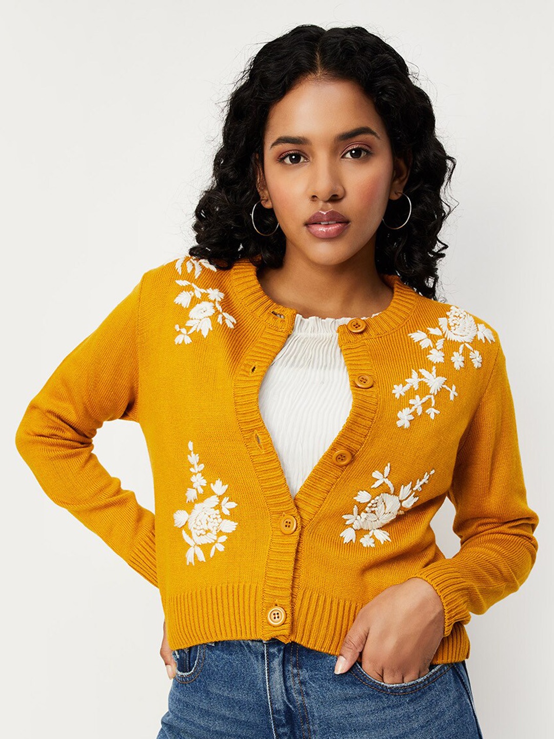 

max Embroidered Long Sleeves Acrylic Cardigan Sweater, Yellow