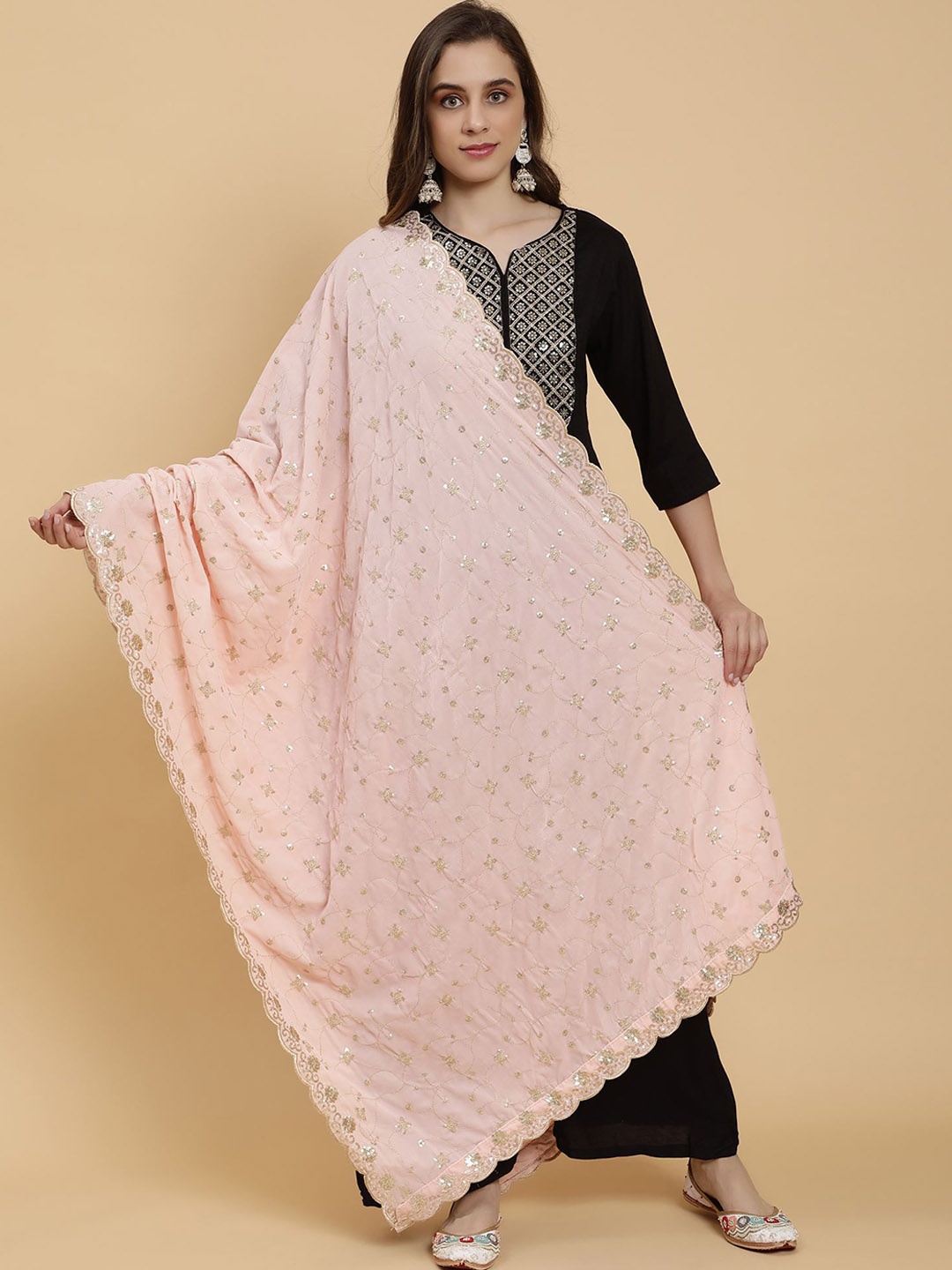 

Moda Chales Floral Embroidered Velvet Sequinned Shawl, Peach