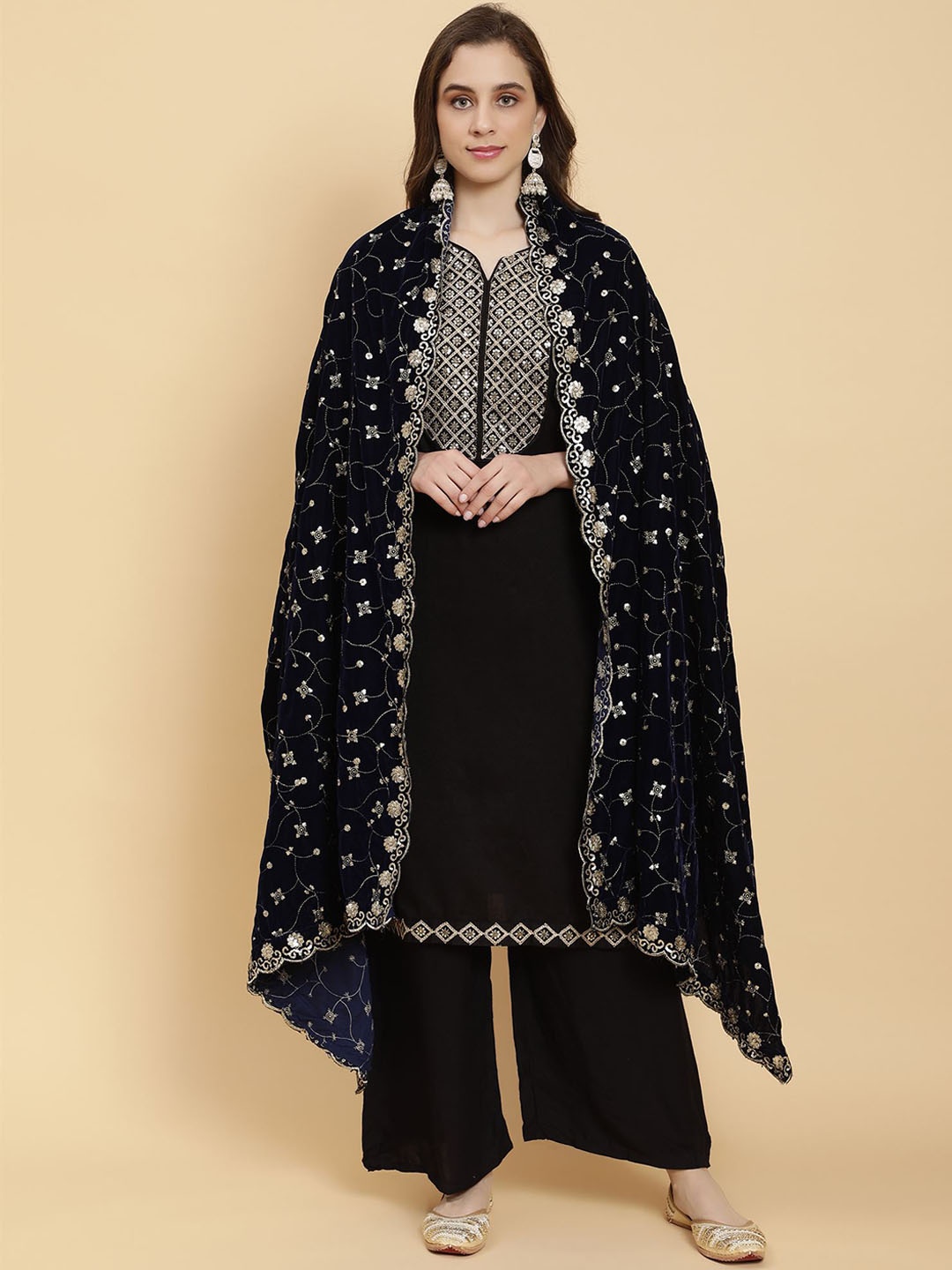 

Moda Chales Floral Embroidered Sequinned Velvet Shawl, Navy blue