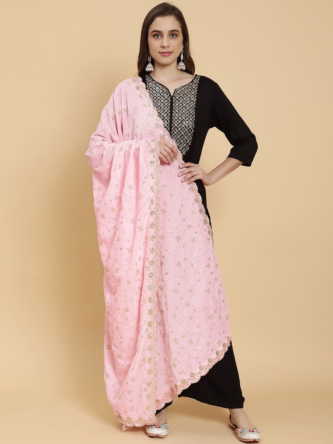 

Moda Chales Floral Embroidered Sequinned Velvet Shawl, Pink