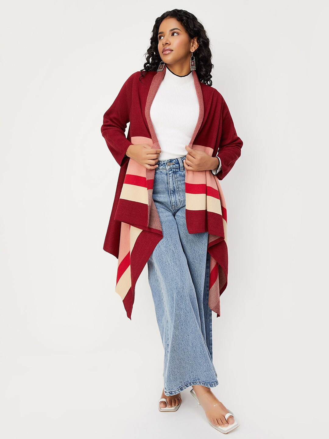 

max Colourblocked Acrylic Open Front Longline Shrug, Maroon
