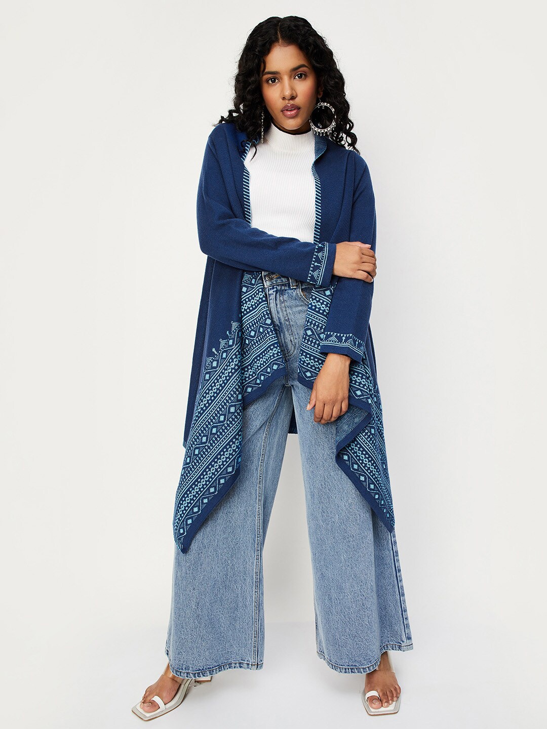 

max Geometric Printed Acrylic Open Front Longline Shrug, Blue
