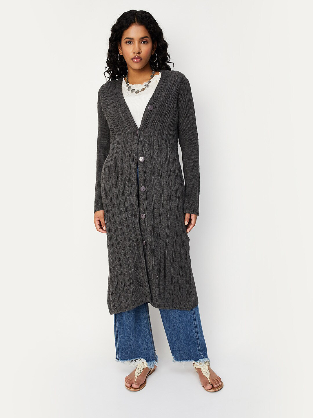 

max Self Design Long Sleeves Acrylic Longline Shrug, Grey