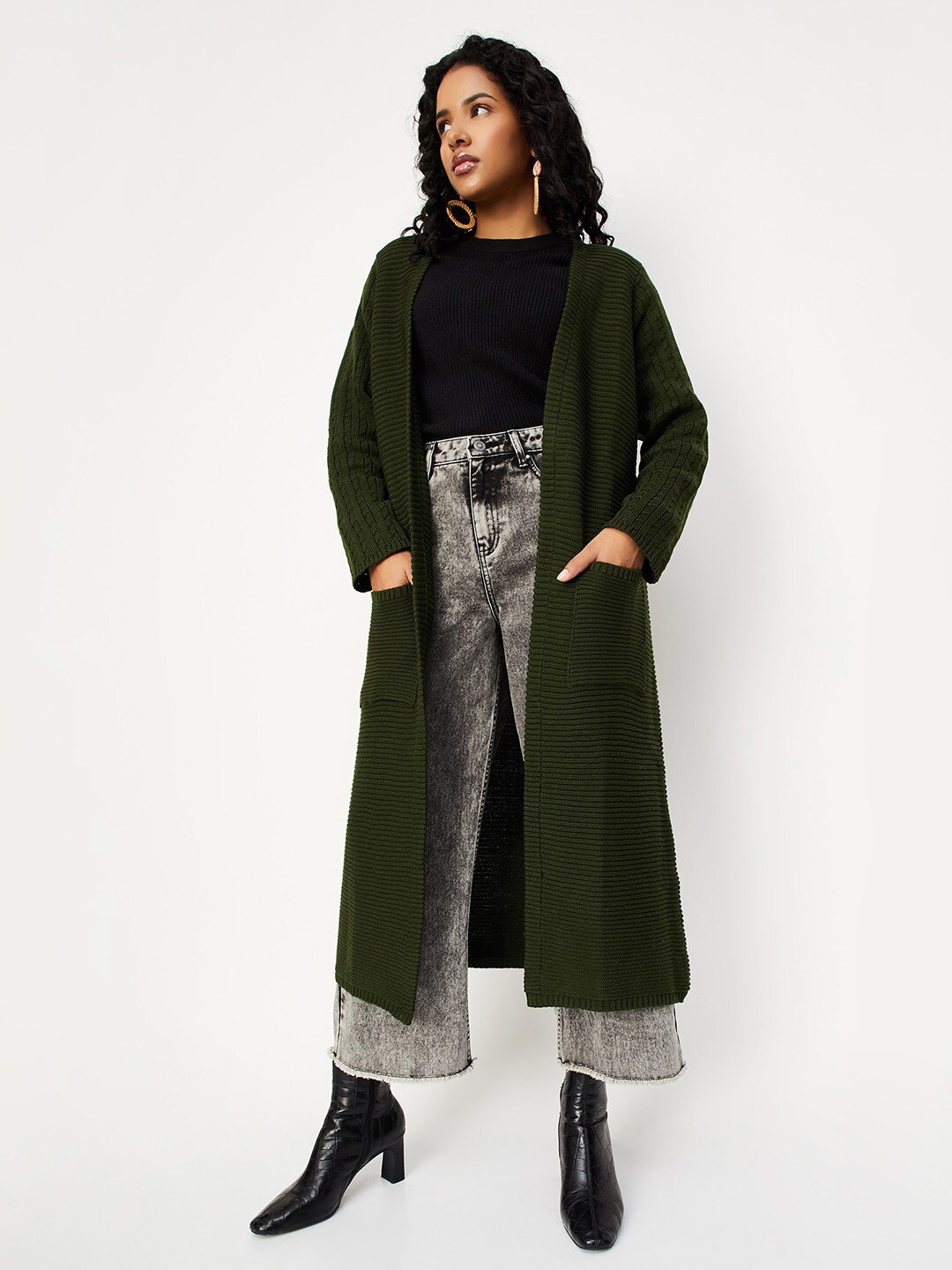 

max Self Design Pure Acrylic Longline Open Front Shrug, Olive