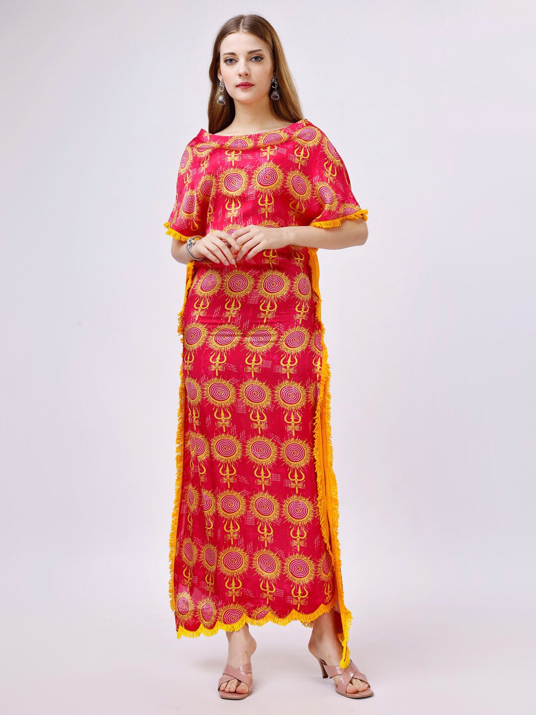 

TWAM SUNDARA Pink Print Satin A-Line Maxi Dress