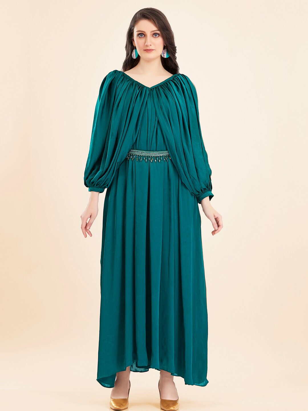 

TWAM SUNDARA V-Neck Puff Sleeves Satin Maxi Dress With Belted, Green