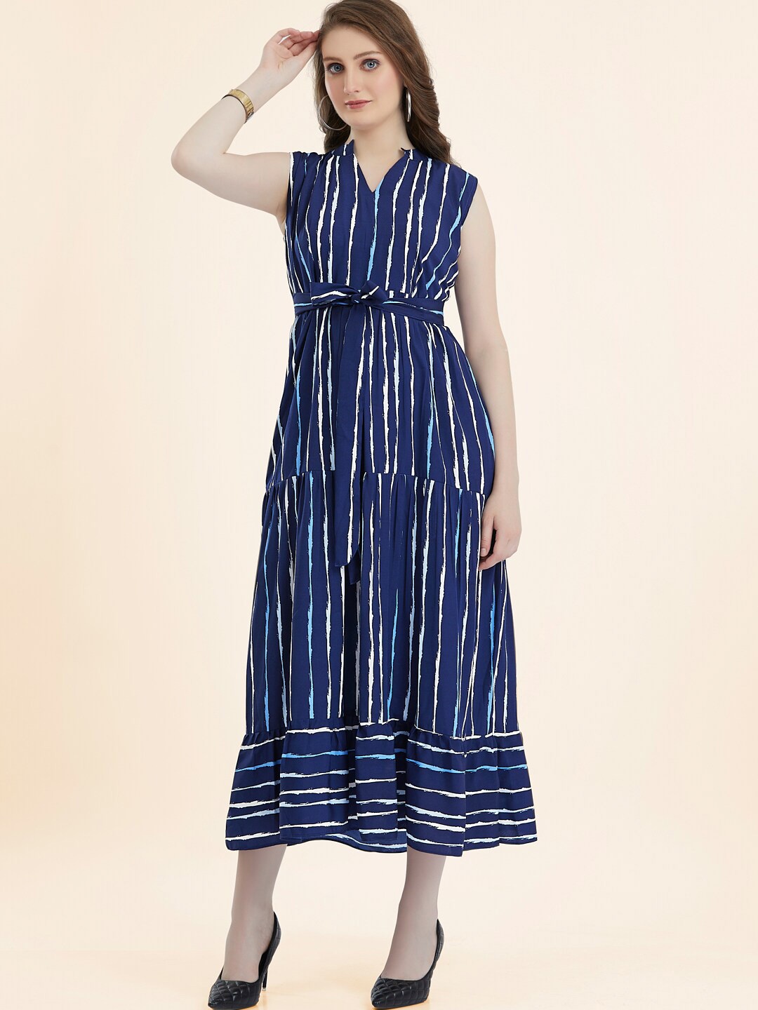 

TWAM SUNDARA Striped Mandarin Collar Crepe Fit & Flare Midi Dress, Blue