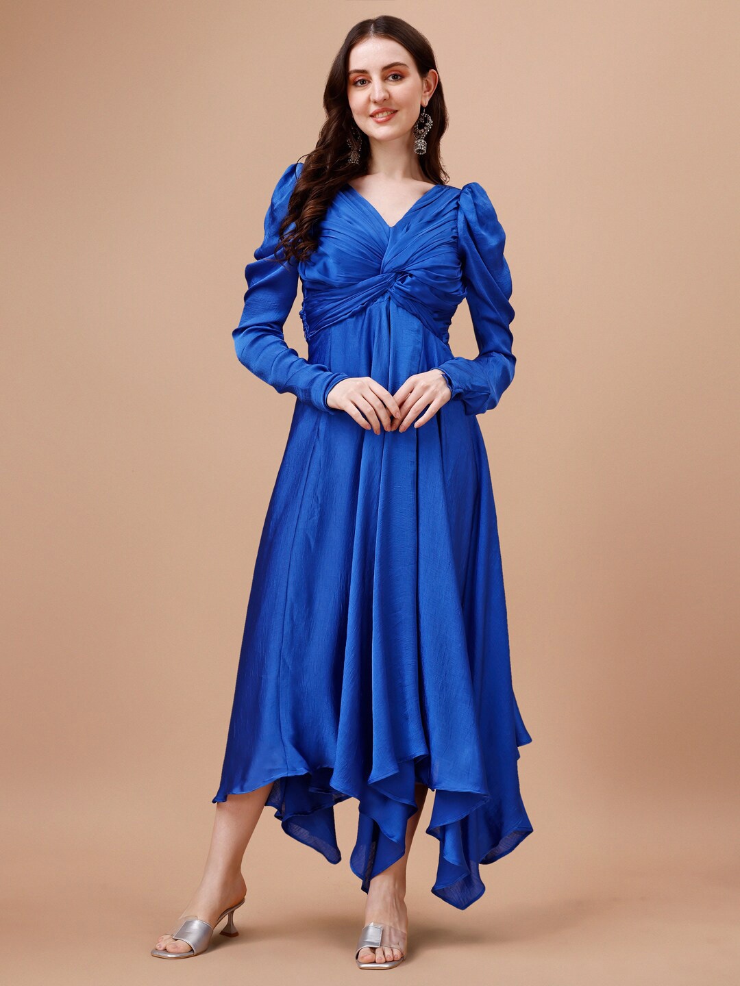 

TWAM SUNDARA V-Neck Puff Sleeves Gathered Fit & Flare Midi Dress, Blue