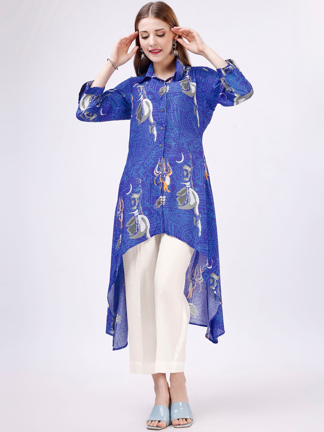 

TWAM SUNDARA Printed Pure Cotton A-line Kurta with Trousers, Blue