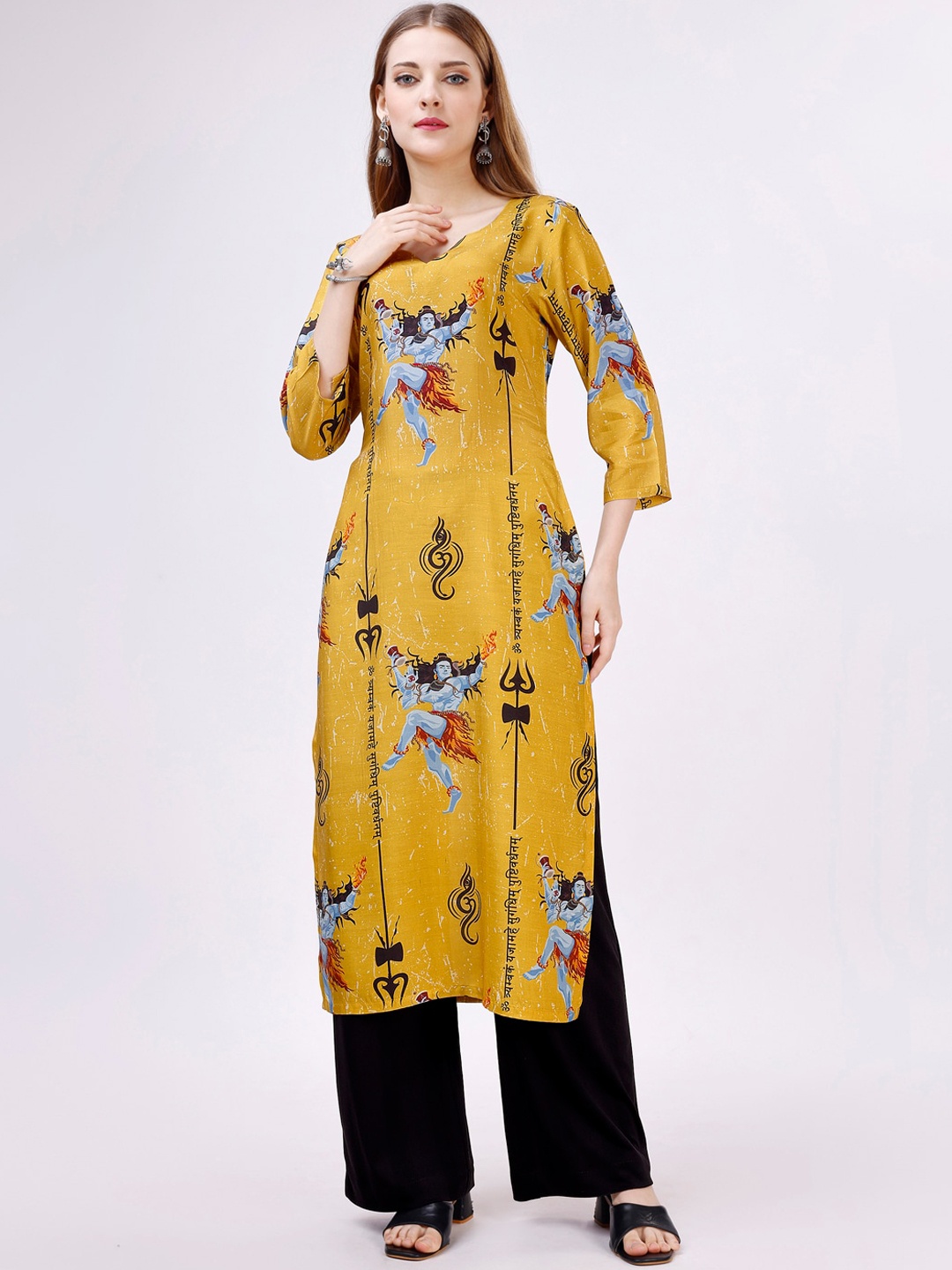 

TWAM SUNDARA Ethnic Motifs Printed Pure Cotton Kurta with Trousers, Yellow