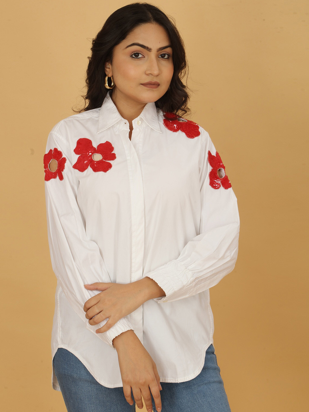 

POSHAAK BY RADHEE MANGUKIYA Floral Self Design Comfort Cotton Casual Shirt, White