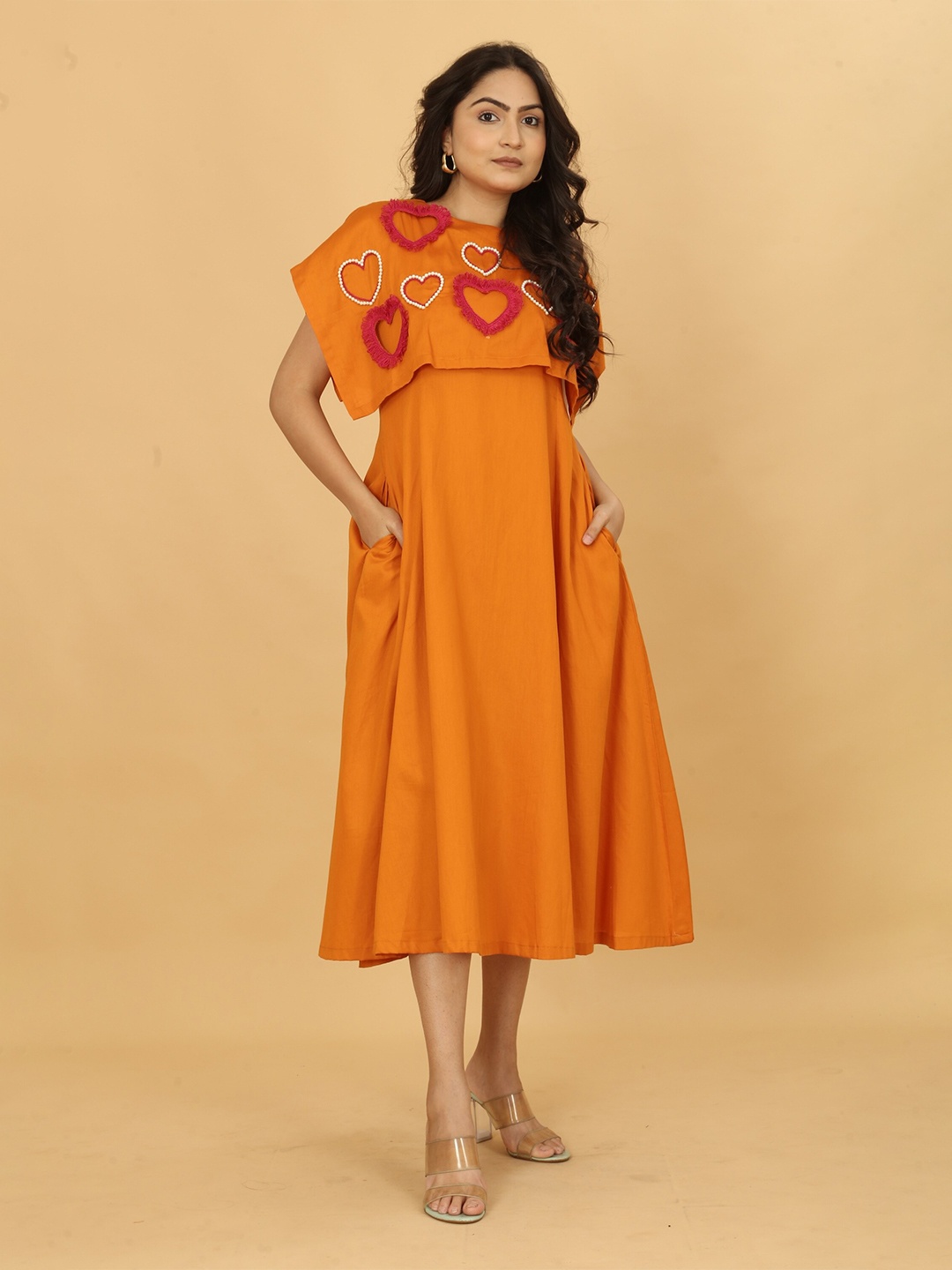 

POSHAAK BY RADHEE MANGUKIYA Embellished Cotton Fit & Flare Dress, Orange