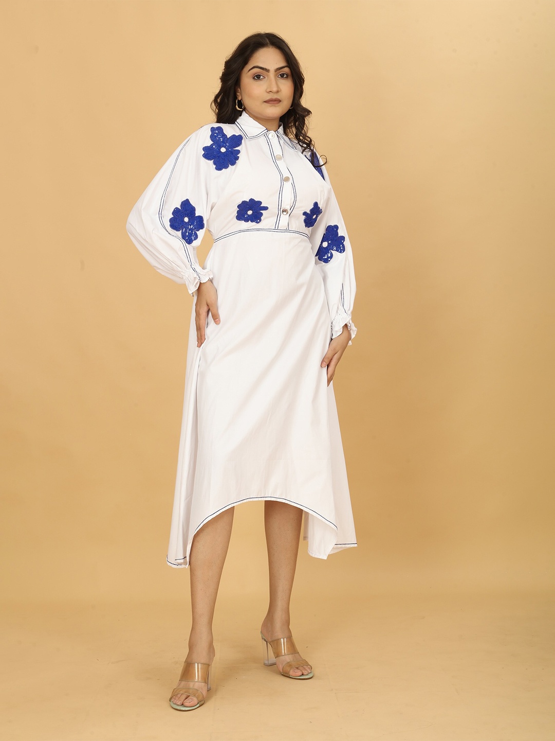 

POSHAAK BY RADHEE MANGUKIYA Floral Embroidered Sequined Cotton A-Line Dress, White