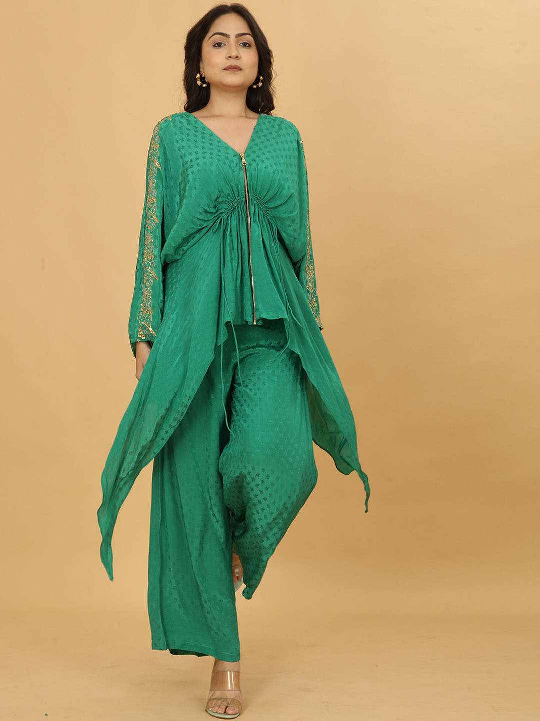 

POSHAAK BY RADHEE MANGUKIYA Woven Design V-Neck Ruffled Tunic With Palazzos, Green