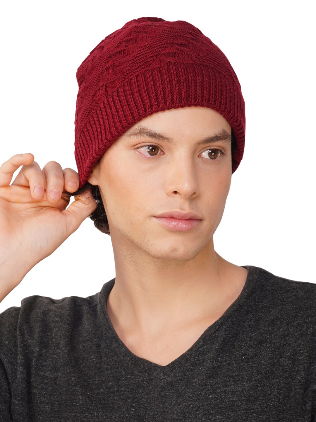 

iSWEVEN Unisex Self Design Woollen Beanie, Red