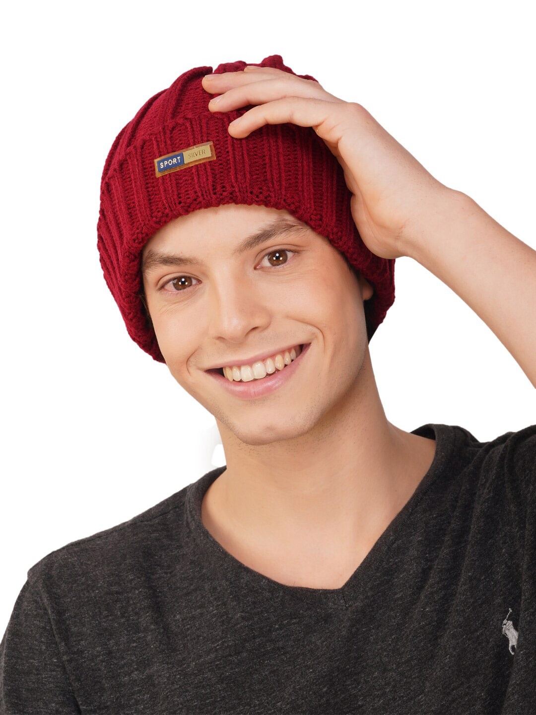 

iSWEVEN Unisex Self Design Woollen Beanie, Red