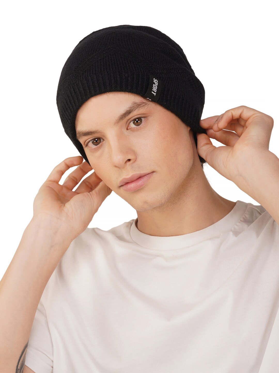 

iSWEVEN Unisex Self Design Woollen Beanie, Black