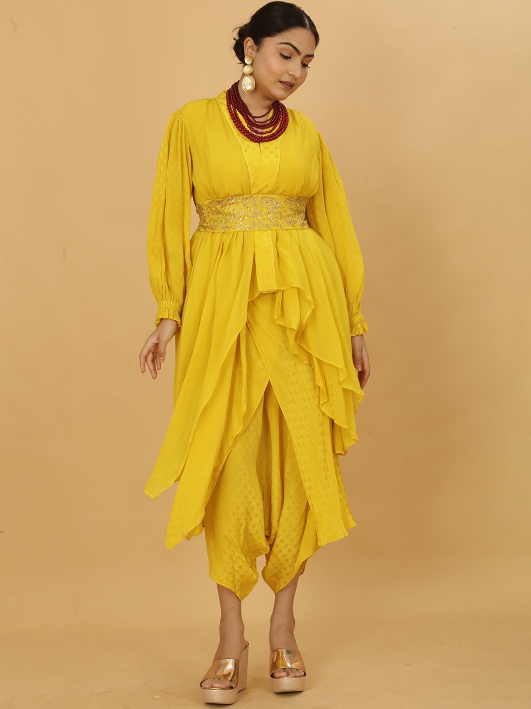 

POSHAAK BY RADHEE MANGUKIYA Zardozi Silk Crepe Kurta with Dhoti Pants, Yellow